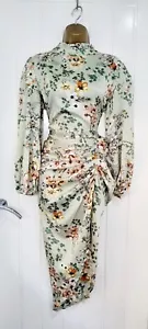 BOOHOO size 14 floral print high neck satin ruched sage midi dress wedding VGC - Picture 1 of 5