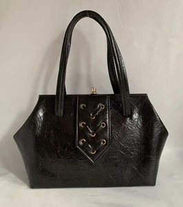 Essell Brownish Black 1960s Synthetic Vintage Handbag Fabric Lining Elbief Frame - Picture 1 of 12