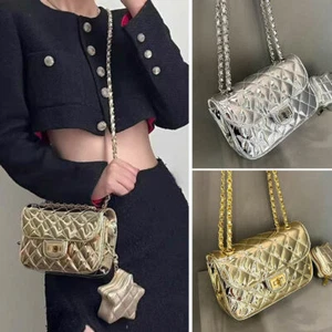 Cartera de cuero acolchada con solapa pequeña con cadena y bolso de hombro estrella moda - Imagen 1 de 36