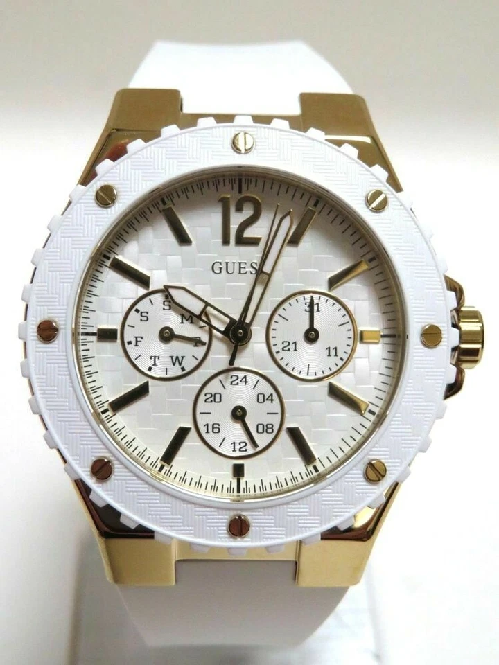 НОВЫЙ GUESS ЗОЛОТОЙ ТОН, БЕЛЫЙ СИЛИКОНОВЫЙ РЕМЕШОК, МУЛЬТИ ЦИФЕРБЛАТ, ЧАСЫ-U0149L6 - Изображение 1 из 1