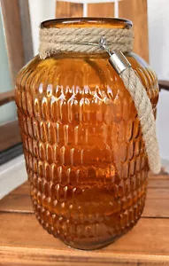 Vintage JUMBO 15.5" Amber Honeycomb Hexagon Pattern Jar with Rope Accent Hanging - Picture 1 of 12