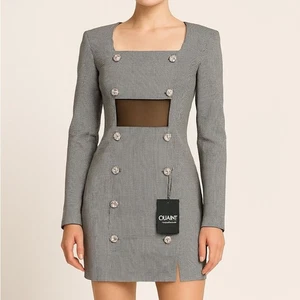 Quaint by Durlana Quantas Noemi Houndstooth Mesh Cutout Crystal Dress 38 NWT US6 - Picture 1 of 11