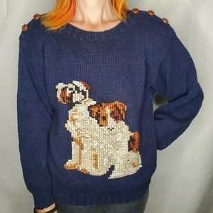 Suéter Pullover De Colección Marisa Christina Azul Marino Perro Tejido a Mano Punto de Cruz Mediano Usado en Excelente Condición - Imagen 1 de 5