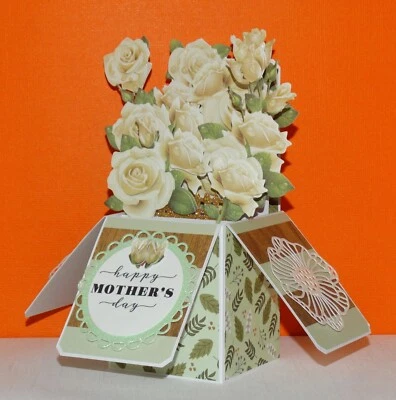Happy Mother's Day, White Roses, Handmade Box Pop up greeting card - Image 1 of 4
