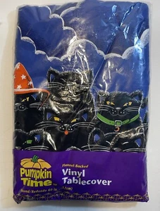 Vintage Pumpkin Time Vinyl Tablecover Halloween Cats Spooky Witching ROUND - Picture 1 of 3