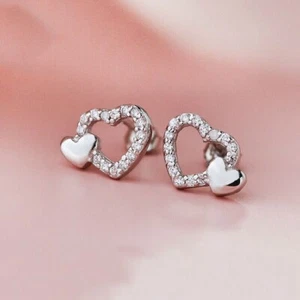 Halo Heart Stud Earring 1Ct Round Cut White Simulate Diamond 14k White Gold Over - Picture 1 of 4