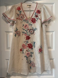 Savanna Jane Embroidered Chambray Stripe Dress S Shift Flutter Sleeve - Picture 1 of 9