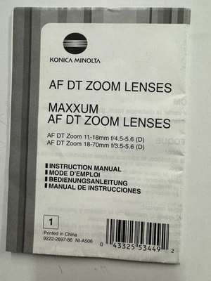Konica Minolta Maxxum AF DT Zoom Lenses 11-18mm (D) AF DT. 18-70mm Lens Manual - Image 1 of 4