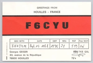 Ham Radio QSL F6CYU Red Strip Design France Houilles Postcard - Picture 1 of 2