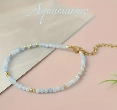 ✅ Aquamarin Edelstein Armband Blau-Gold Natur Stein Perlen Kette 3mm Damen ✅ - Bild 1 von 4