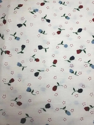 Vintage Sewing Fabric Calico Rose Buds Cream Blue & Wine 1.2ydx45" Cotton - Image 1 of 4