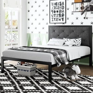 Metal Platform Bed Frame, Fabric Upholstered Button Tufted Headboard, Dark Grey - Picture 1 of 40