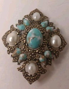 Sarah Coventry Faux Turquoise Pearl Brooch Large Statement Vintage Jewelry - Picture 1 of 8