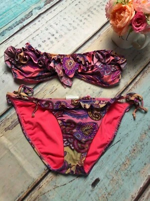 Antiguo Traje de Baño Azul Marino GRANDE 2 piezas Bikini Paisley Volantes Rosa Multi Traje de Baño Foto 1 de 3