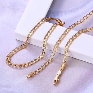 MEN Women 9ct GOLD Plated CURB CHAIN 24" NECKLACE & 8.7" BRACELET SET.W=4mm,826 - Picture 1 of 4