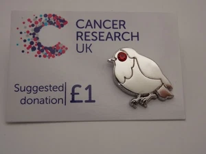 Cancer Research UK pin badge silver colour Robin with red stone eye - Picture 1 of 2