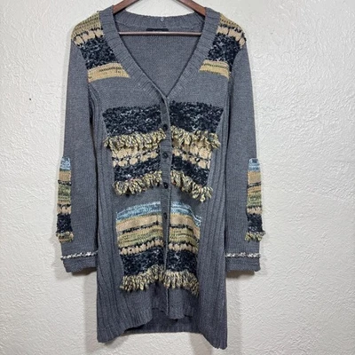 Kaktus Cardigan Sweater Sm Patchwork Fringe Duster Long Chunky Knit Boho Hippie - Image 1 of 4