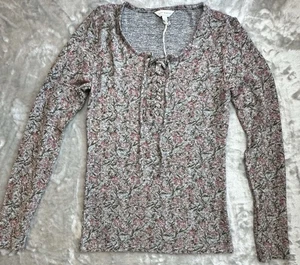 Womens Lucky Brand Gray/Rose Floral L/S Knit Top Size XS Very Soft - Picture 1 of 9