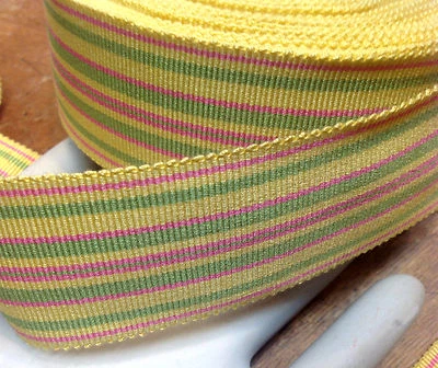 复古棉质人造丝边 Petersham 丝带 2 英寸黄色粉色绿色 1 码美国制造 — 第 1/3 张图片