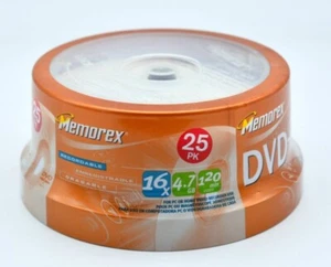 MEMOREX DVD-R 16X 4.7GB 120MIN VIDEO 25PK FACTORY SEALED SPINDLE CASE - Picture 1 of 8