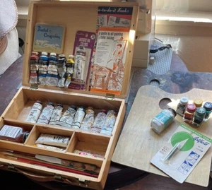 VINTAGE GRUMBACHER  WOODEN ARTIST PAINT PALETTE TRAVEL CASE w/ Paint Kit Set - Picture 1 of 16