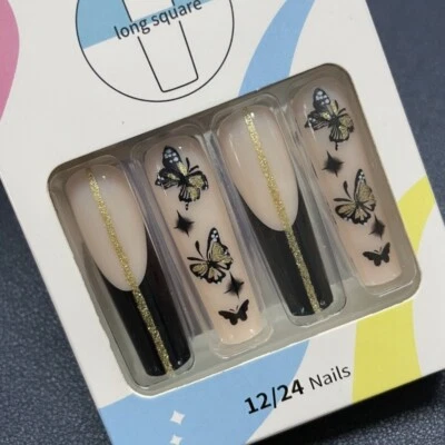 24pcs Butterfly French Press on Nails Black Glitter Extra Long Square False Nail - Image 1 of 4