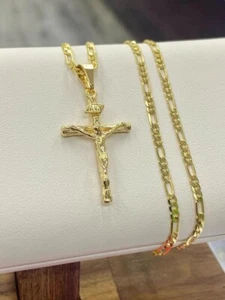 Rustic Cross Necklace 14K Yellow GF Figaro Chain 24" Gifts Jewelry Religious - Picture 1 of 7