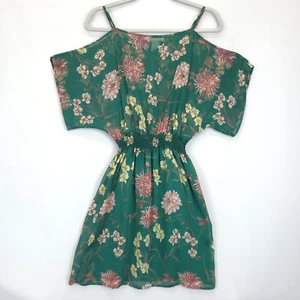 A'GACI Mini Dress Women S Green Floral Chiffon Smocked Waist Cold Shoulder Sheer - Picture 1 of 11