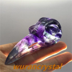 Top Natürlicher Regenbogen Fluorit Quarz Kristall Geschnitzt Krähe Rabe Schädel Halloween 1p - Bild 1 von 14