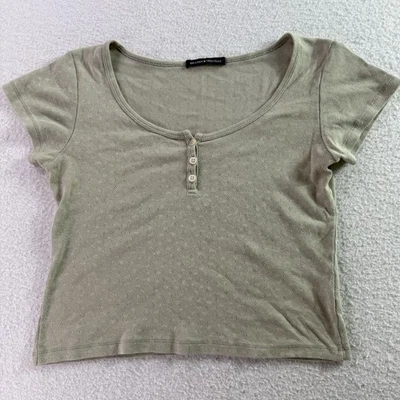 Brandy Melville Zelly Top Green Ribbed Henley Shirt Womens One Size Short Sleeve - Image 1 of 4
