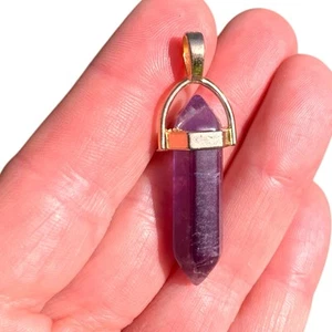 Natural Amethyst Quartz Crystal Point Wand Gemstone Pendant Healing Gold Amulet - Picture 1 of 6