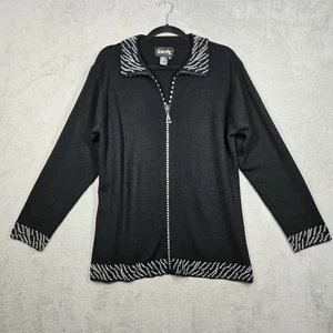 Gardy Black Full Zip Sweater Jacket Rhinestone Zipper Beaded Zebra Trim Sz LG - Picture 1 of 15