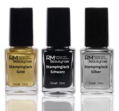 3x12ml Stamping Lack Set Schwarz Gold Silber Stempellack Nagellack Nail Art - Bild 1 von 4