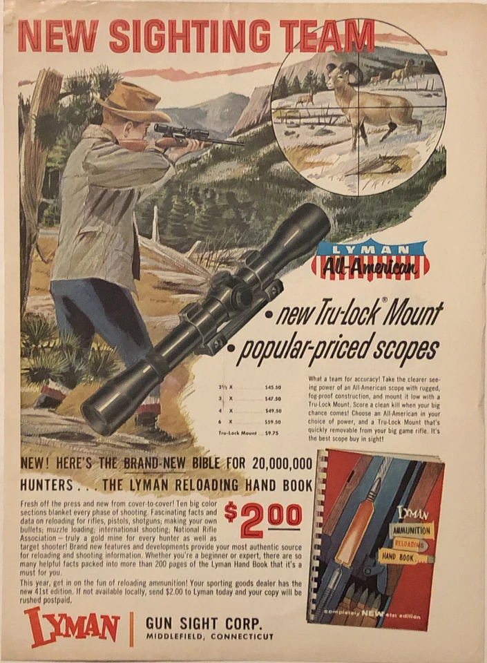 Mira telescópica Lyman Gun 1957 anuncio impreso con montaje Tru-Lock de colección años 50 Middlefield CT Foto 1 de 4