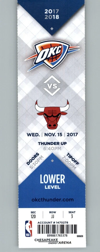 Chicago Bulls vs Oklahoma City Thunder 11/15/2017 Full Ticket  - Image 1 of 2