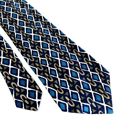 Martin Wong Green Teal Abstract Print Geometric Short Wide Silk Tie - Image 1 of 4