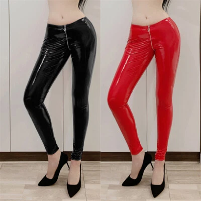 Women PVC Leather Leggings Shiny Wetlook Zip Tight Latex Pencil Pants Clubwear - Image 1 of 4