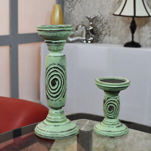 Handmade Wood Traditional Antique Sage Set Of Two Pillar Candle Holder BBH Homes