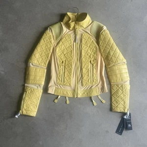 NWT Blanc Noir yellow moto jacket diamond quilted lace up Leather/Mesh Short (S) - Picture 1 of 14