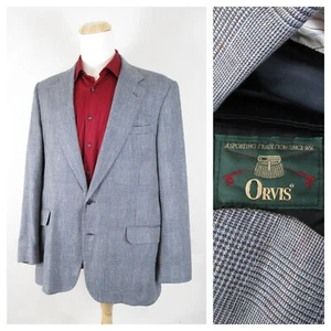 Vintage Orvis Mens Gray Blue Black Glen Plaid Wool Sport Coat Jacket Size 44L - Picture 1 of 9