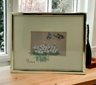 Aquarelle signée J CHENG peinture sur soie et tapis papillons fleurs encadrées