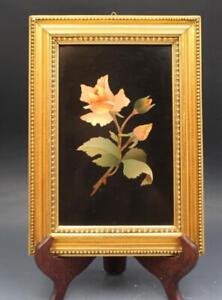 19C Italian Floral Pietra Dura Marble Inlay Plaque Peach Rose w/ Gilt Wood Frame
