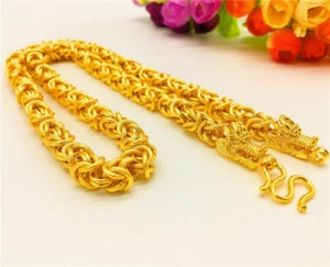 Men's Chains Necklace 24K Yellow Gold Plated Double Dragon Head Strong # - Picture 1 of 10