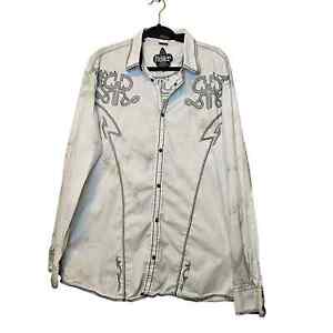 Roar Y2K Affliction Style Cream Tie Dye Embroidered Long sleeved XXL button down