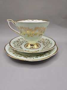 Clare Bone China TEA SET TRIO Pale Green Gold Detail - Picture 1 of 6