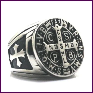 Anillo Religioso Cruz San Benito Antiguo Plateado Metal Católico - Imagen 1 de 26