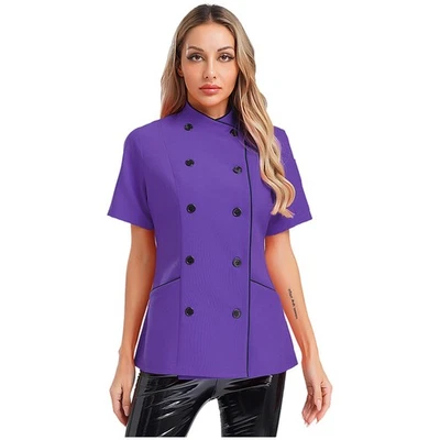 Women Jacket Contrast Color Tops Baking Coat Hotel Short Sleeve Restaurant Chef - Image 1 of 4