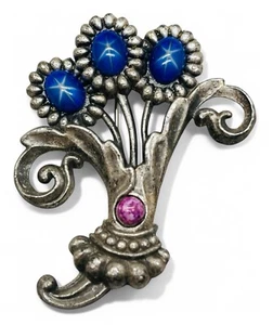 Vintage 1940s Pot Metal Glass Blue Star Sapphire & Pink Cabochon Brooch Pin - Picture 1 of 5