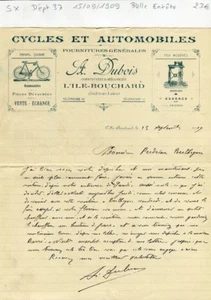 Dépt 37 - l'ile Bouchard - Belle Entête Cycles & Automobiles A Dubois de 1909 - Picture 1 of 1
