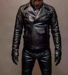 Men's Real Leather Bikers Jacket With Quilted Panels BLUF Leather Jacket - Picture 1 of 7